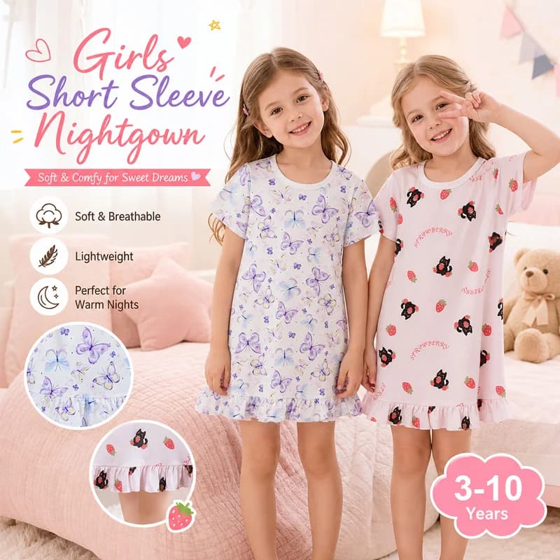 Little Hand Sweet Girls Ruffle Hem Sleep Dress Soft Breathable Fabric Cartoon Print Kids Short Sleeve Home Nightwear 3-10Y