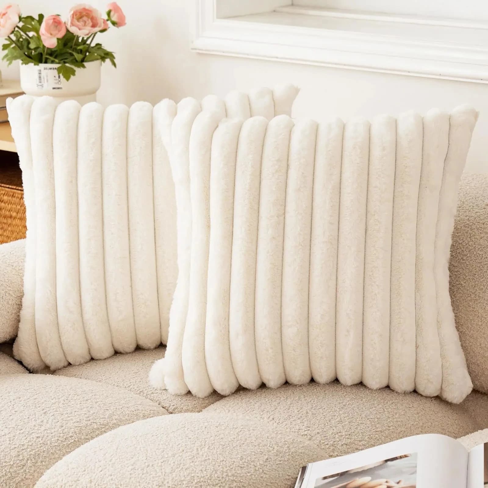 40x40 45x45 faux rabbit fur pillow cover, super soft striped thick pillow case combined with sofa and home decor