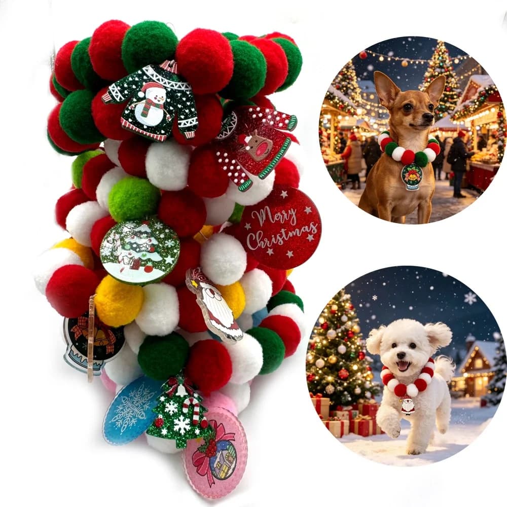 12pcs New Christmas Pet Dog Bowties Hair Ball Necklace Collar Small Dog Cat Neckties Xmas Bowties Dog Grooming Accessories