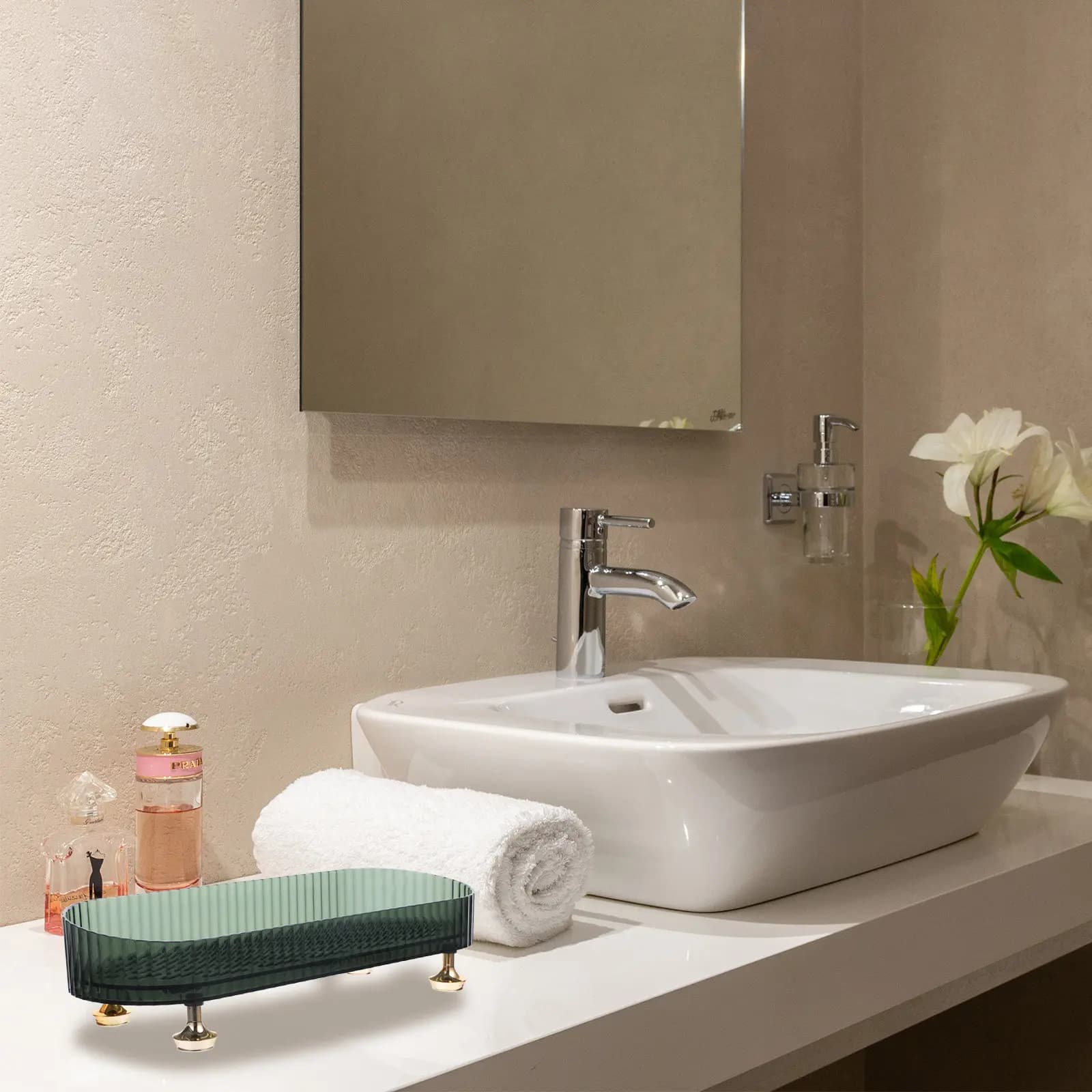 Organizzatore da Bagno Trasparente in Plastica con Drenaggio per Saponetta e Spazzolino, Vassoio Portaoggetti per Essenziali da Bagno