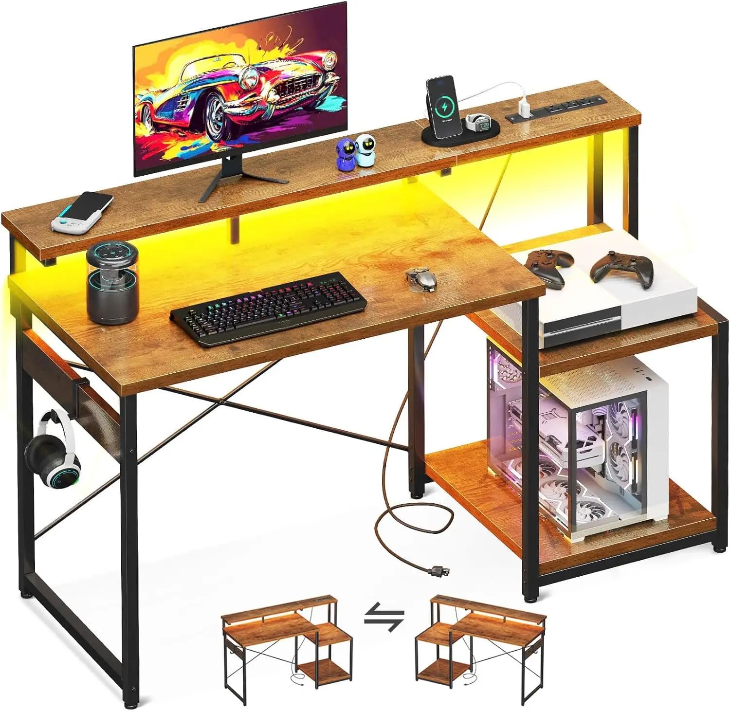 Scrivania da gioco da 48 pollici con luci a LED, presa di corrente, ripiani portaoggetti, ripiano per monitor e gancio per cuffie in marrone rustico