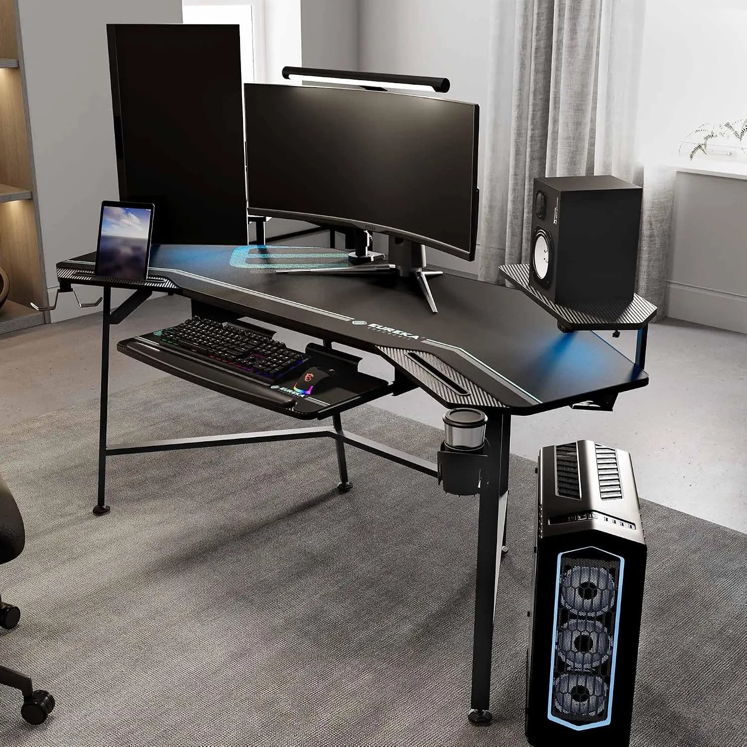72" Gaming Desk with LED Lights, Keyboard Tray & Dual Headphone Stand for PC, Custom