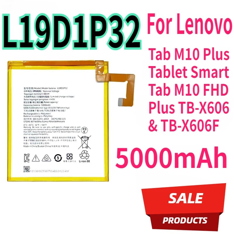 Batteria L19D1P32 per Lenovo Tab M10 Plus Tablet Smart Tab M10 FHD Plus TB-X606 e TB-X606F 5000mAh