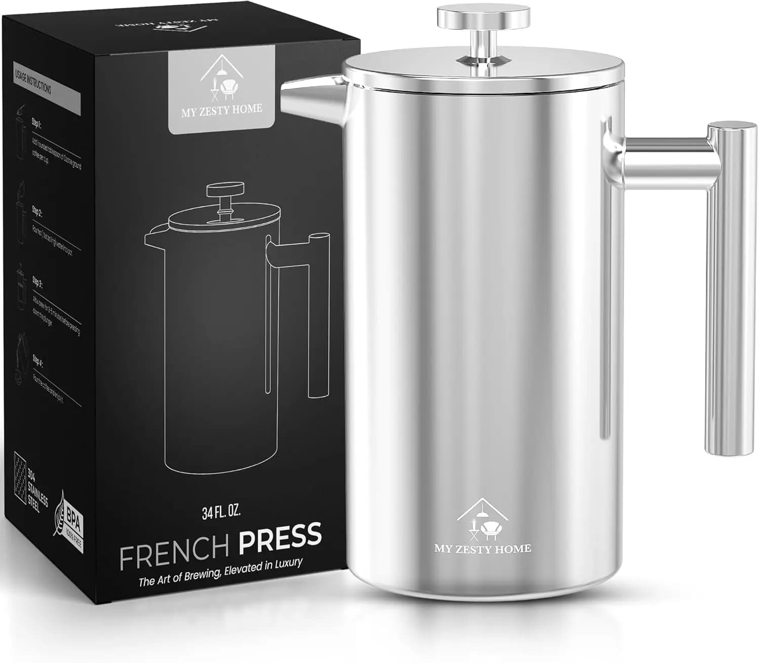 34 Oz Stainless Steel French Press Coffee Machine with Double Wall Insulation and 3 Level Filtration