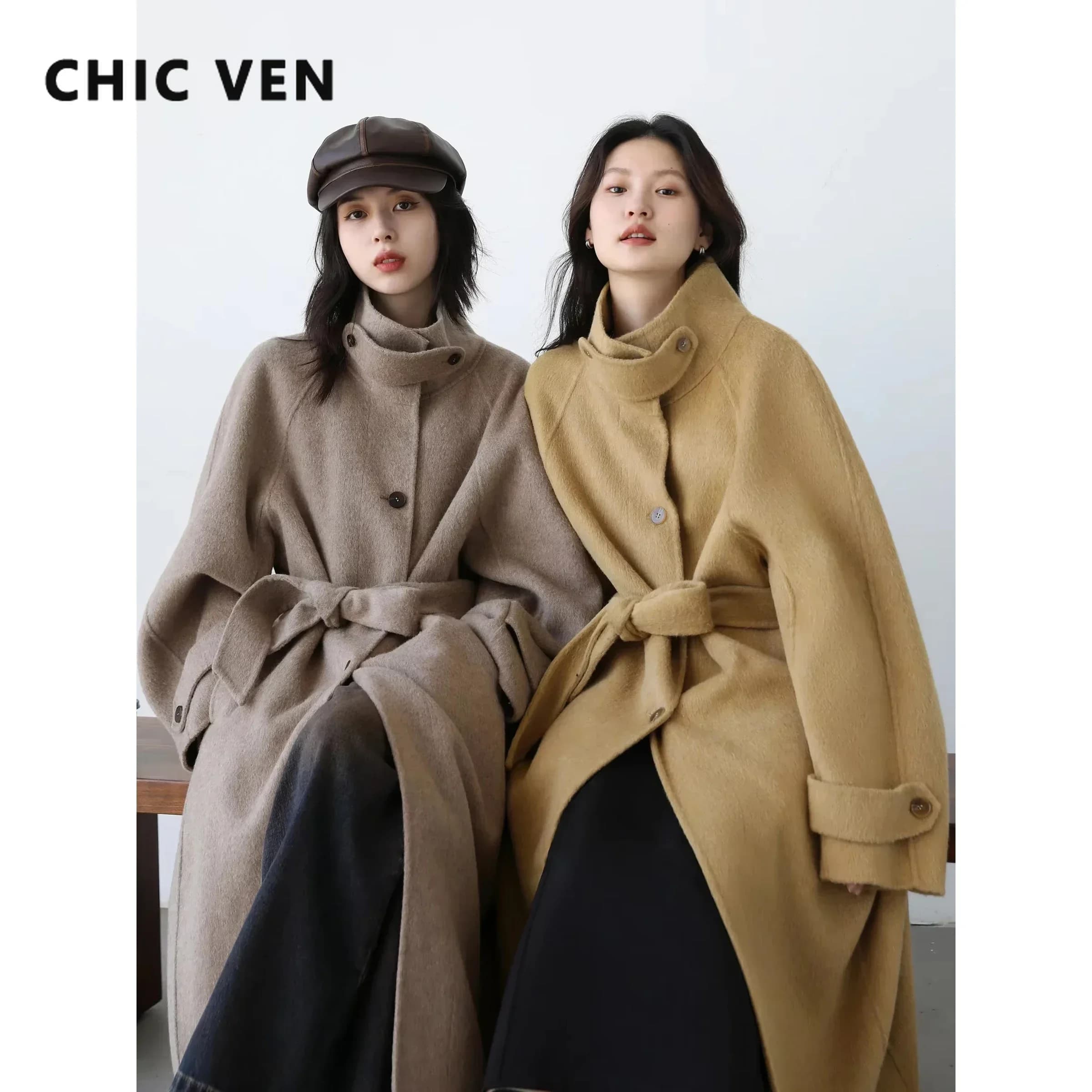 CHIC VEN Cappotto di lana da donna coreano monopetto allentato colletto alla coreana cintura lungo soprabito da donna double face autunno inverno 2024