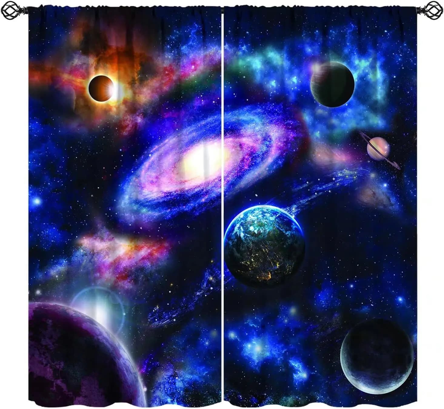 Tende con Stampa di Pianeti e Galassie, Tende per Finestre con Motivi Spaziali, Universo, Terra, Luna, Sistema Solare e Astronomia