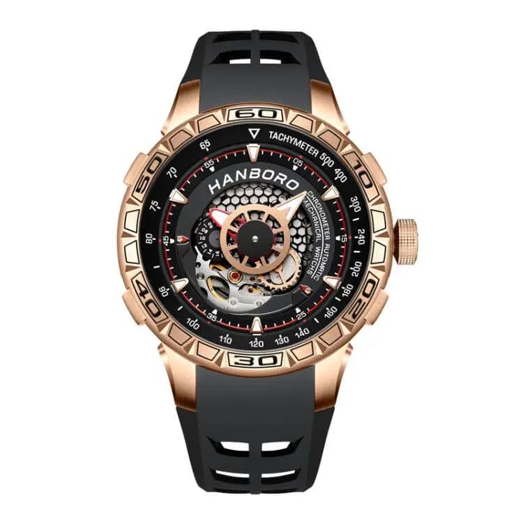 HANBORO Men's Automatic Watch 46mm Mechanical Wrist Watch Skeleton Dial 5ATM Light Waterproof 82S7 Mov Rubber Strap