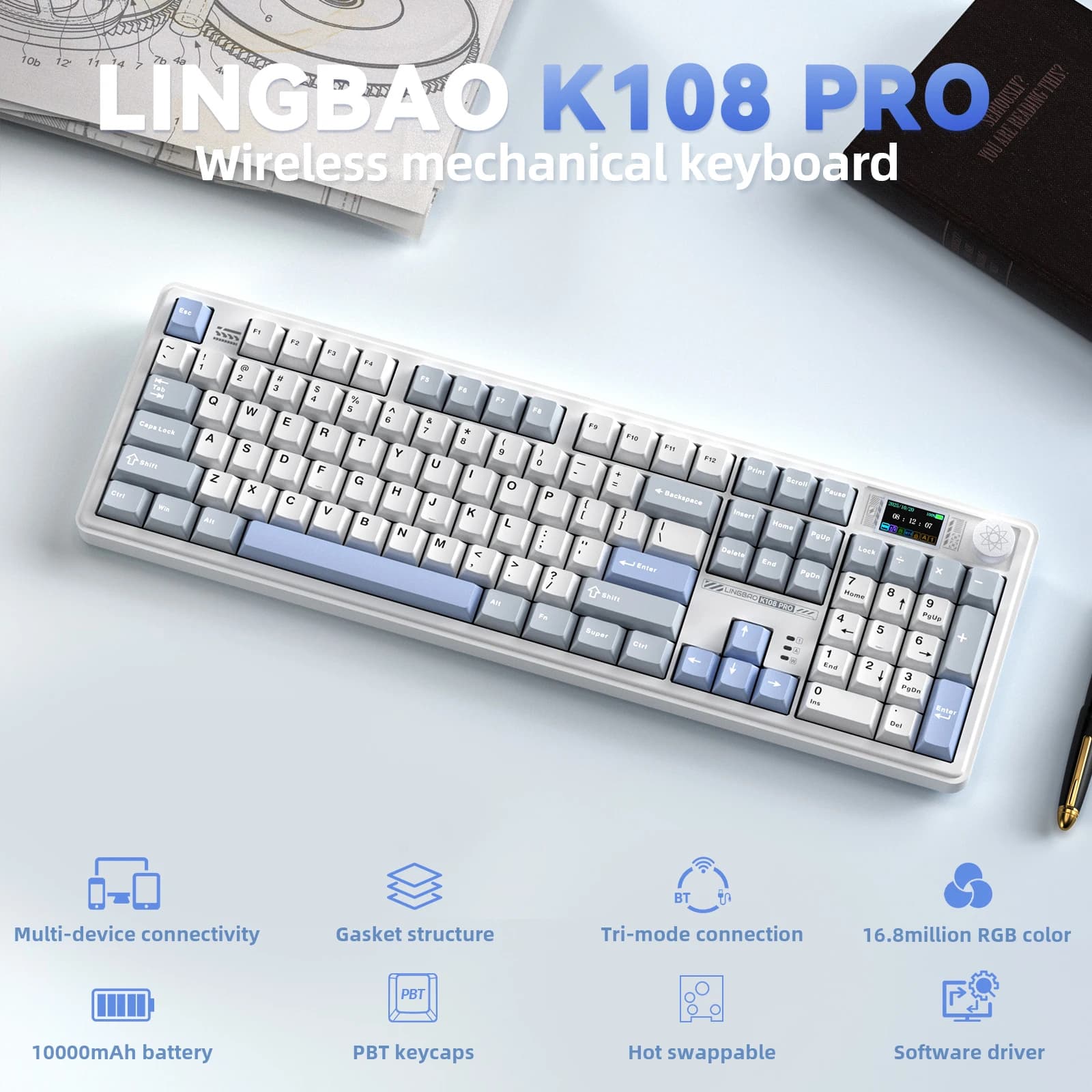 LINGBAO K108pro Tastiera meccanica Tri-modalità Lettere coreane Macaron Colore PBT Keycap 10000mAh Batteria grande per computer per PC