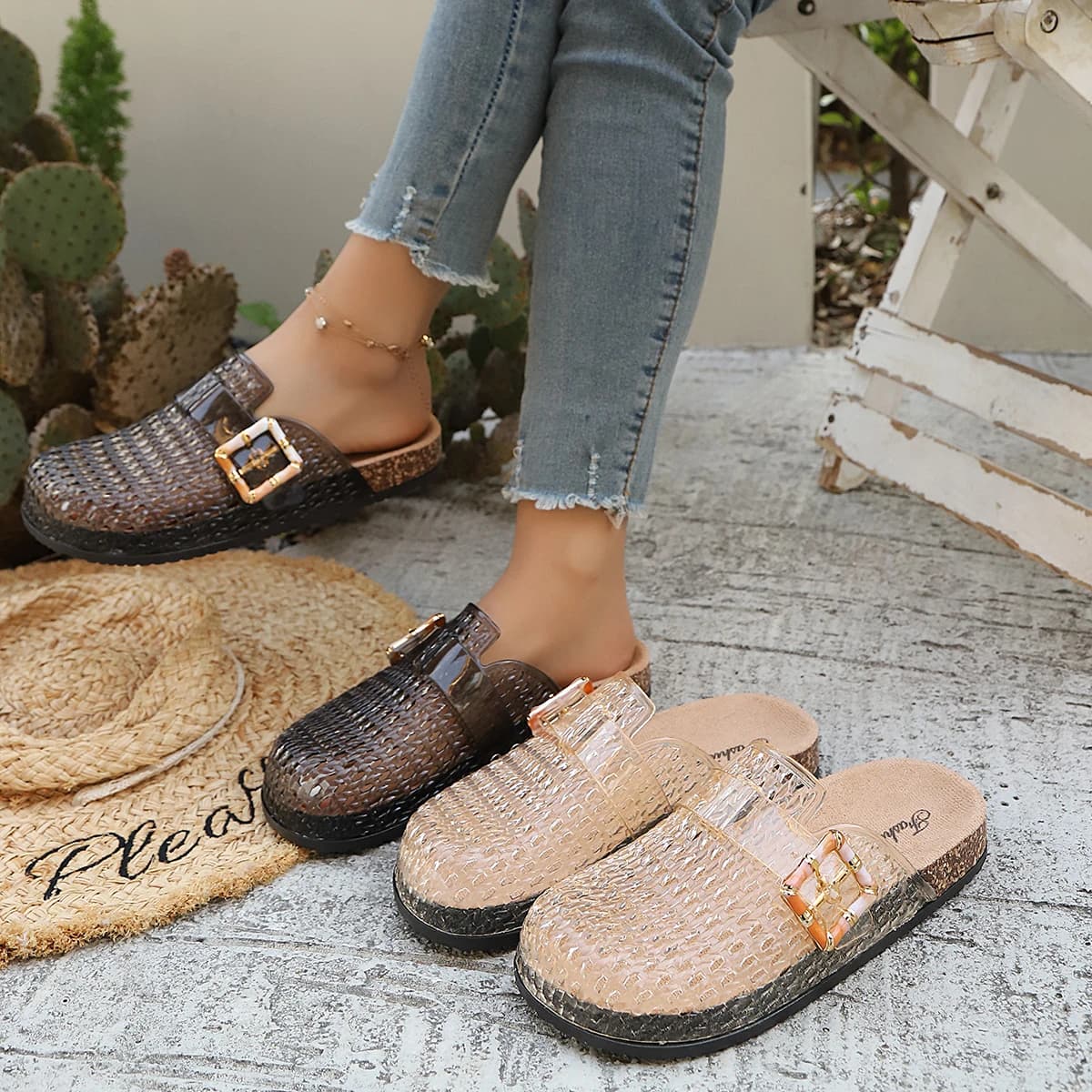Scarpe Estive da Donna con Punta Chiusa, Zoccoli in Rete Traforati con Cinturino a Fibbia, Soletta in Sughero, Suola Antiscivolo, Scarpe Casual per Uso Quotidiano