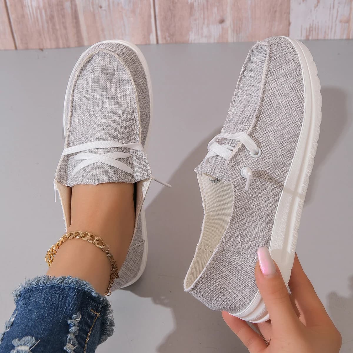 Scarpe sportive casual da donna, scarpe basse leggere e antiscivolo, scarpe in denim da esterno stringate