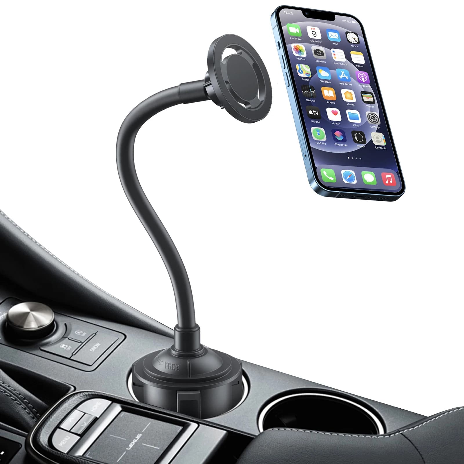Supporto per telefono portabicchieri magnetico con supporto per telefono con tazza a collo di cigno regolabile per auto per iPhone serie 16 15 14 13 12
