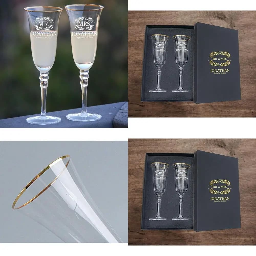 Set of 2 Champagne Glasses Laser Engraved - Wedding Perfections and Custom Gift Pack