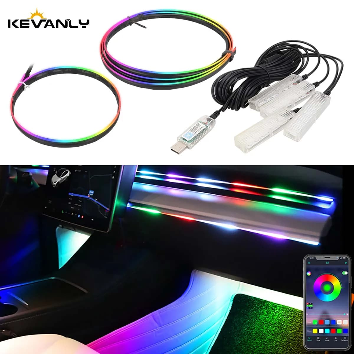 Colori pieni USB Auto LED Luce ambientale Strisce acriliche Luci del cruscotto RGB Interni auto App nascosta Lampada atmosfera telecomandata