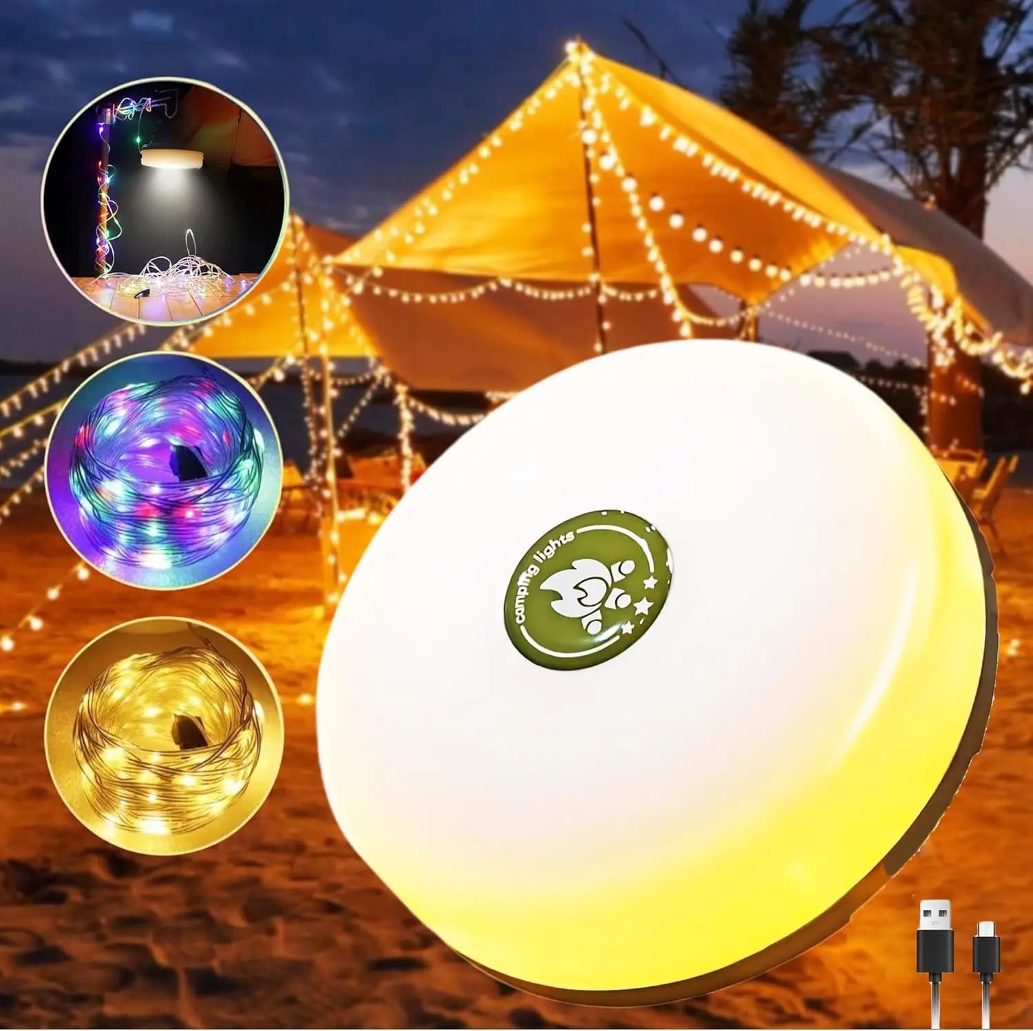 Camping String Lights 4 in 1 LED Camp Lantern with 8 Modes 32.5ft Retractable for Tent Decor and Holiday Gifts