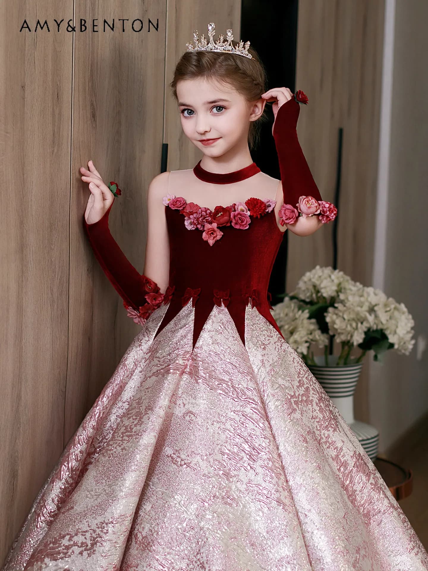 Abiti da sera di lusso per ragazze, abiti lunghi da festa, senza maniche, con fiori 3D, scollo a O, vita alta, abito da principessa, abito formale da passerella.