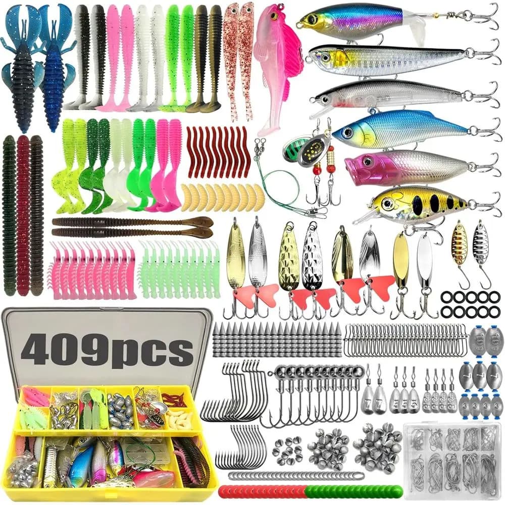 Complete fishing kit of 409 pieces with box for fresh and salt water equipment, suitable for children and adults, perfect gift for all fishers