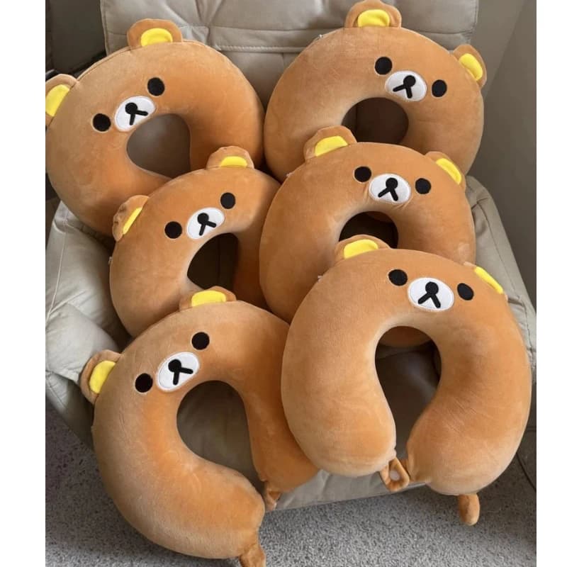 Cuscino per il collo a forma di U Rilakkuma in memory foam, design a forma di orsetto, supporto cervicale portatile per viaggi aereo a lunga distanza