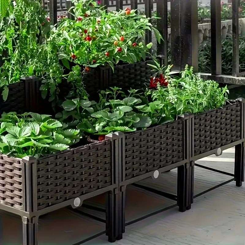 Garden Raised Bed, Elevated Flower Plant Box with Self-Watering Device and Drainage Holes, Herb Vegetable Planter Container for Yard, Balcony & Patio (2 Sets, Brown)