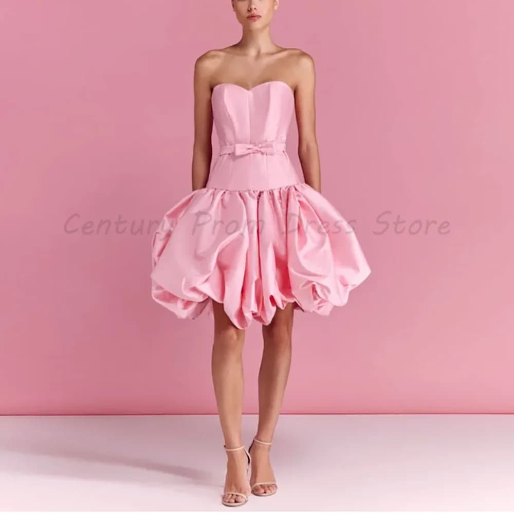 Abito da ballo mini rosa senza spalline da donna, scollo a cuore, con fiocco e gonna a bolle, abito da sera corto, abito formale da cocktail party