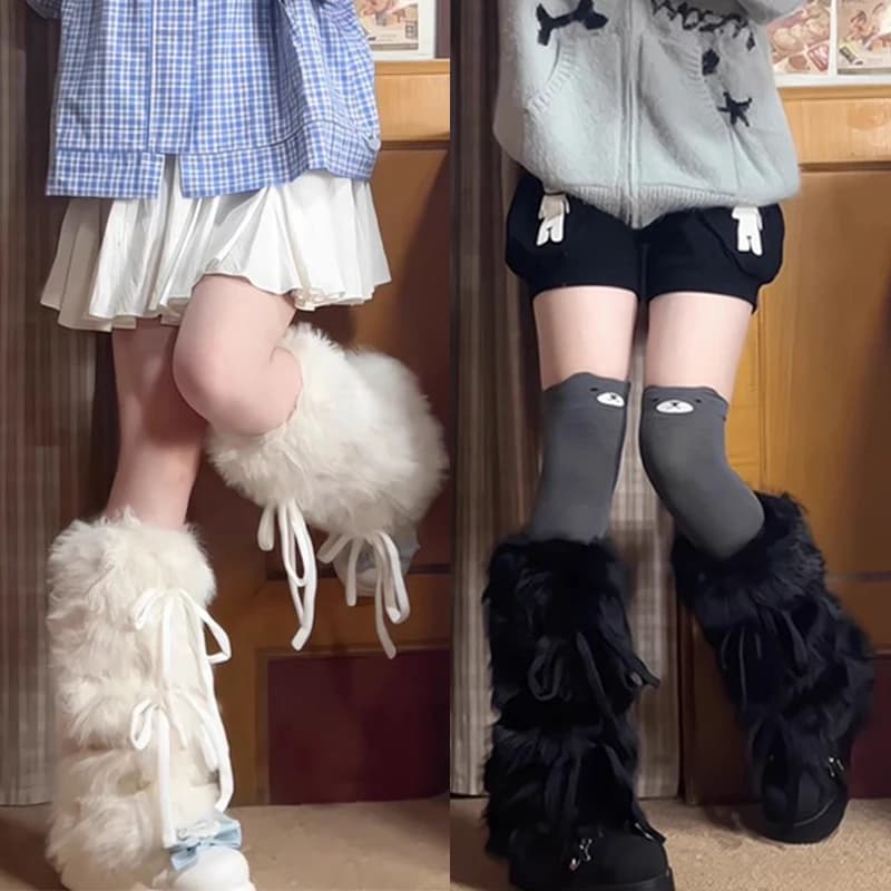 Lolita JK Ragazze Polsini per stivali Scaldamuscoli Donna Inverno Caldo Harajuku Dolce Nastro Bowknot Peloso Peluche Bianco Copristivali Calzini lunghi