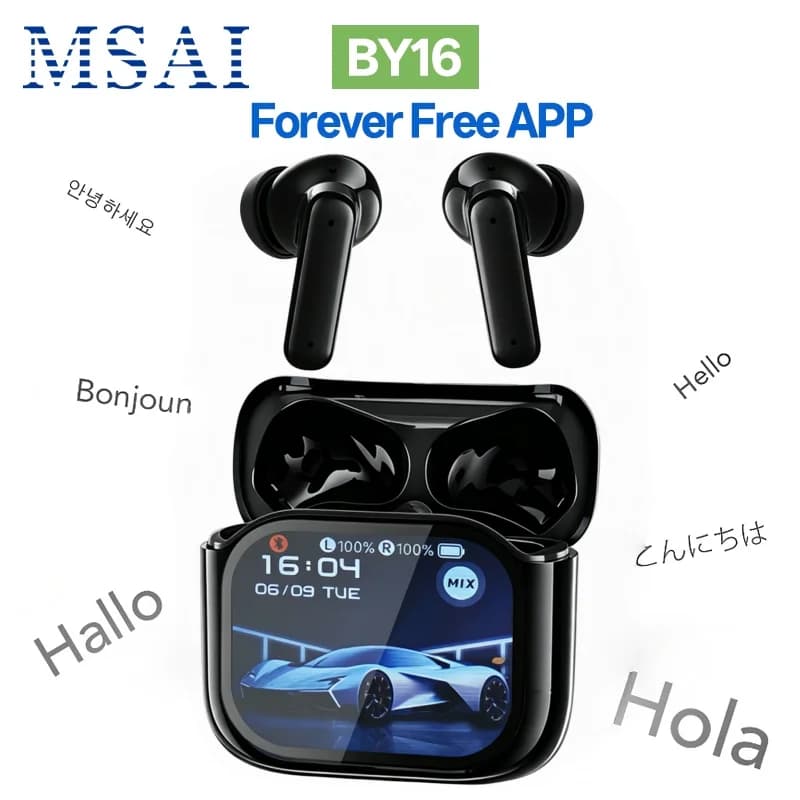 BY16 Free AI Earbuds Real Time Language Translator Headphones with LCD Touch Screen Audifonos Traductores Support 144 Languages