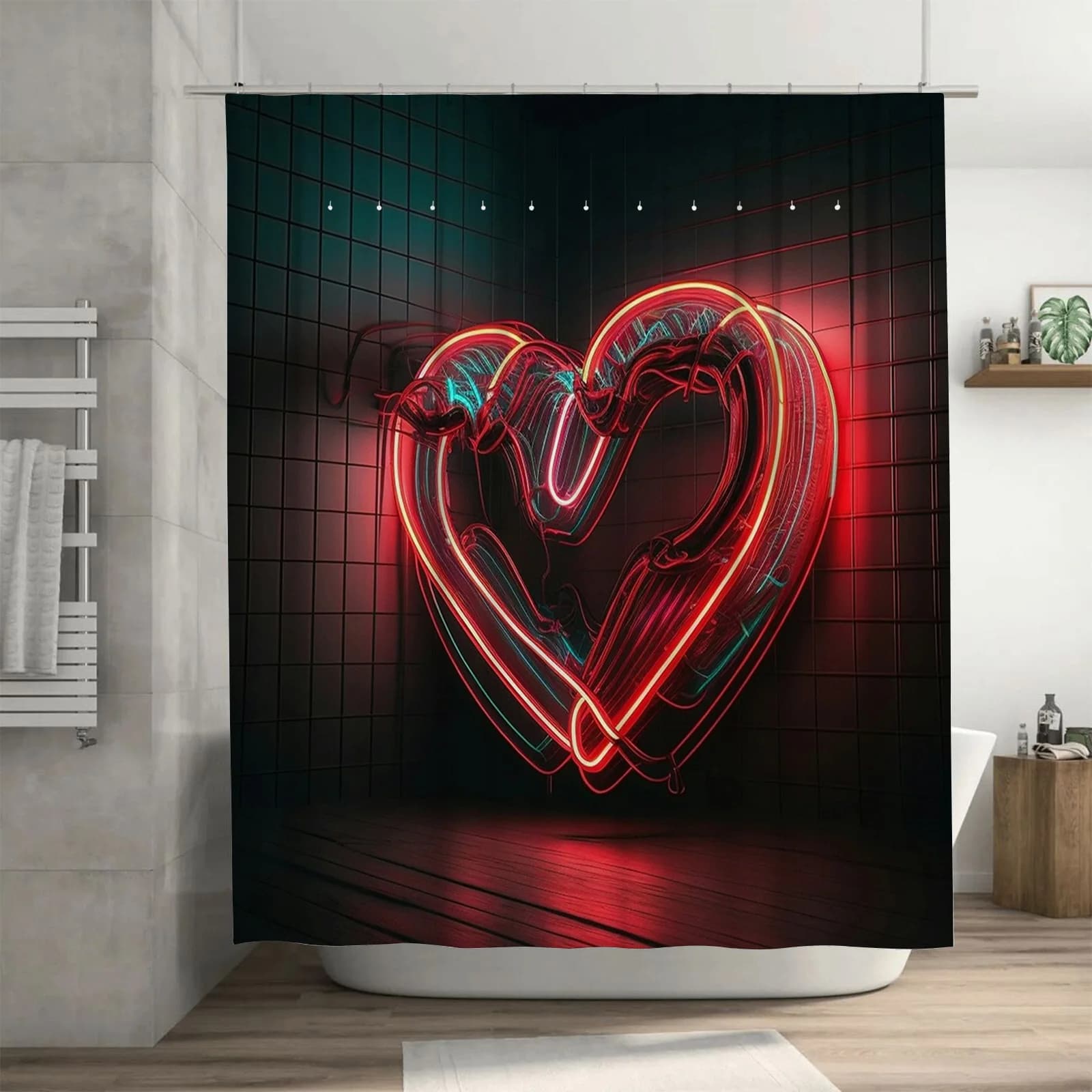 Tenda da doccia con cuore al neon 3D | Decorazione da bagno moderna ed elegante