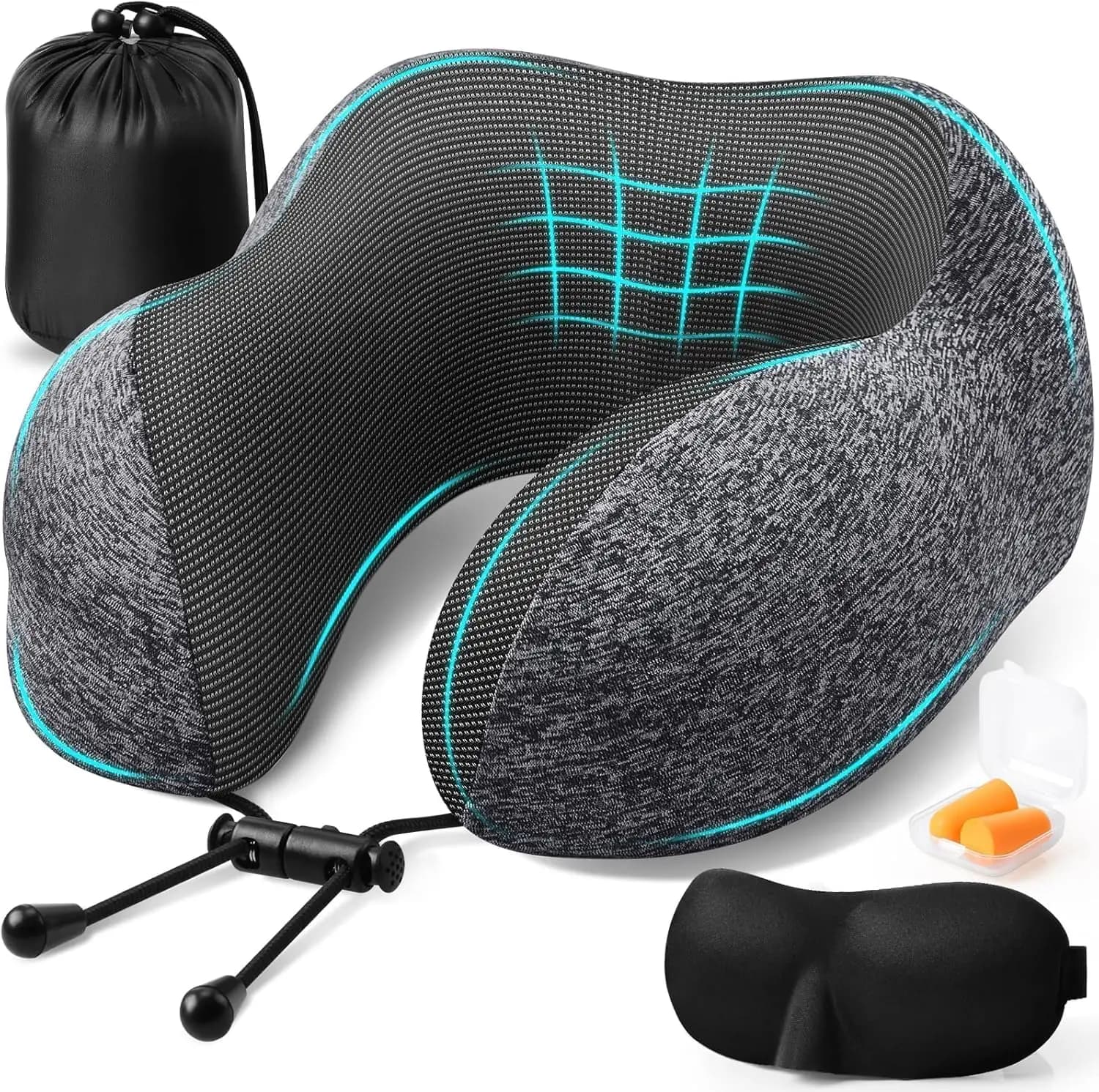 Set Cuscino da Viaggio con Memory Foam, Mascherina per Occhi, Tappi per Orecchie e Borsa per Aereo, Auto, Ufficio - Grigio Scuro