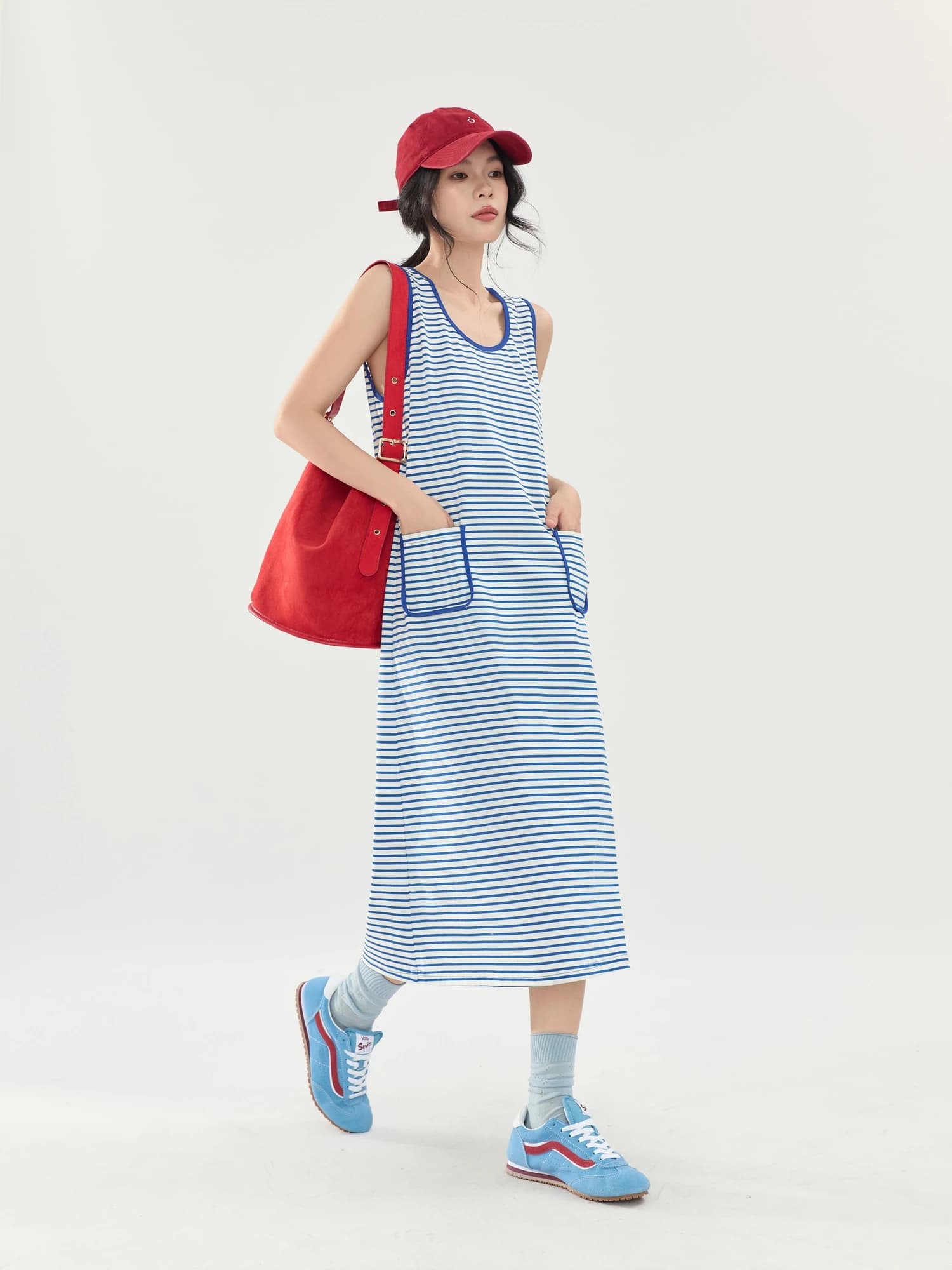 Abito a Gilet a Righe Blu da Donna, Vestito Casual Ampio Senza Maniche, Abito T-Shirt a Vita Alta in Fibra di Poliestere, Nuovo Stile Estivo per il Pendolarismo Urbano