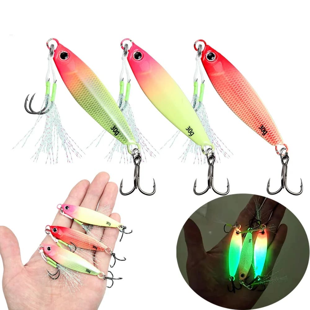 TSBT Nuovo Far Throw Luminoso Piastra di Ferro Esche Doppio Gancio JIG 7g-40g Pesca in Mare Sgombro Spagnolo Shore Casting Glow Esche di Metallo