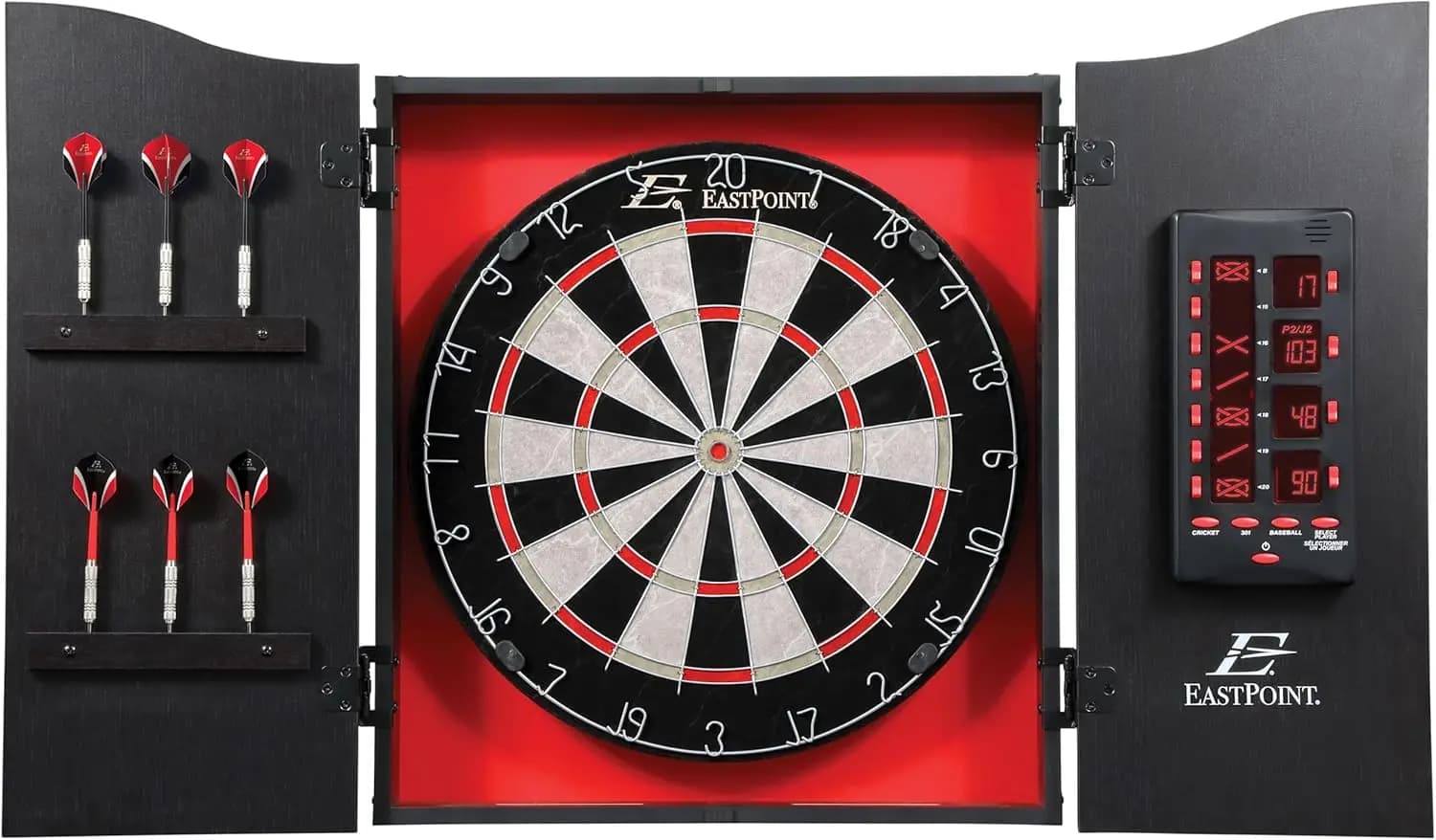 Tavolo da Freccette Professionale 18 Pollici Rosso Nero con Superficie in Sisal Autoriparante, Freccette con Punta in Acciaio, Tabellone Segnapunti LED, Arredamento per Sala Giochi