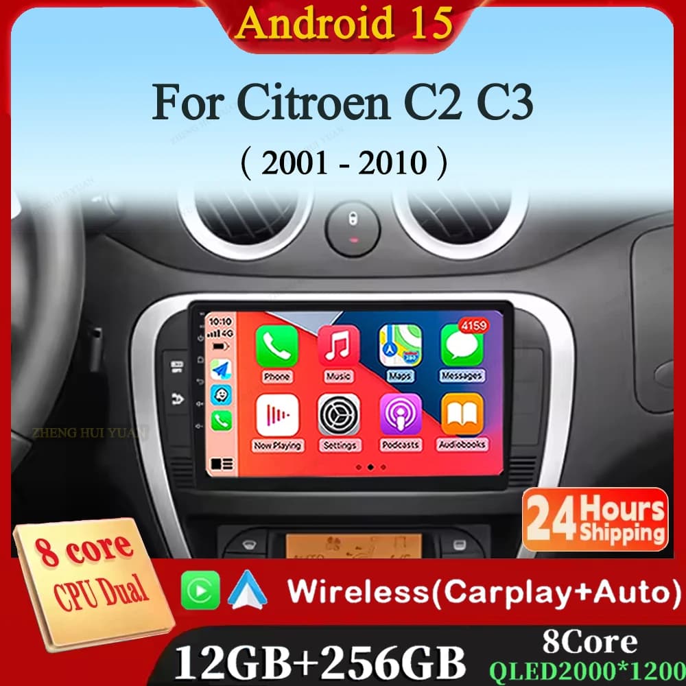 Android 15 Per Citroen C2 C3 2001 2002 2003 - 2010 Autoradio Lettore Multimediale di Navigazione Carplay QLED Touch Screen Auto Stereo