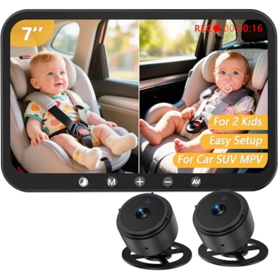 Telecamera Doppia per Auto per 2 Bambini: Monitor Split-Screen da 7 Pollici 1080P con Registrazione, Telecamera Posteriore per Gemelli - Alimentazione USB, Visione Notturna Chiara