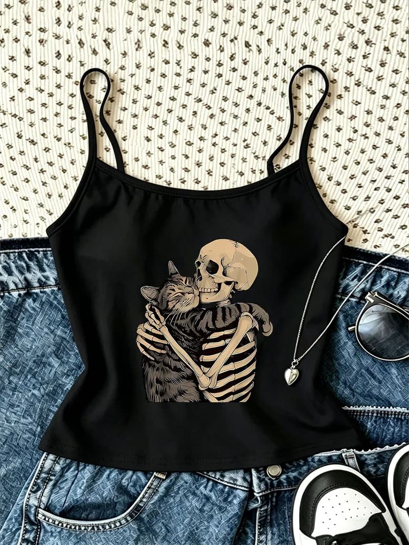 Vintage Y2k Retro Skull Print Casual Camisole Top Crop Top Vest Streetwear 90s Harajuku Women'S Tank Top Shirt Spring Summer