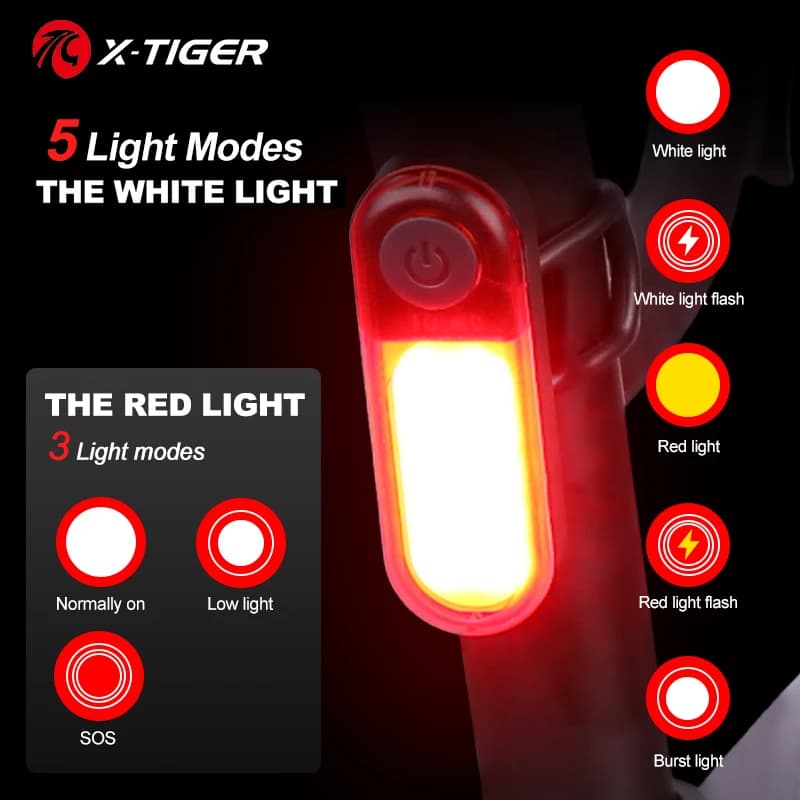 X-TIGER Multifunction Smart Backlight Red White Light 240 ° Grand-angle Bicycle Lights Rear bicycle lamp for helmet with saddle tube