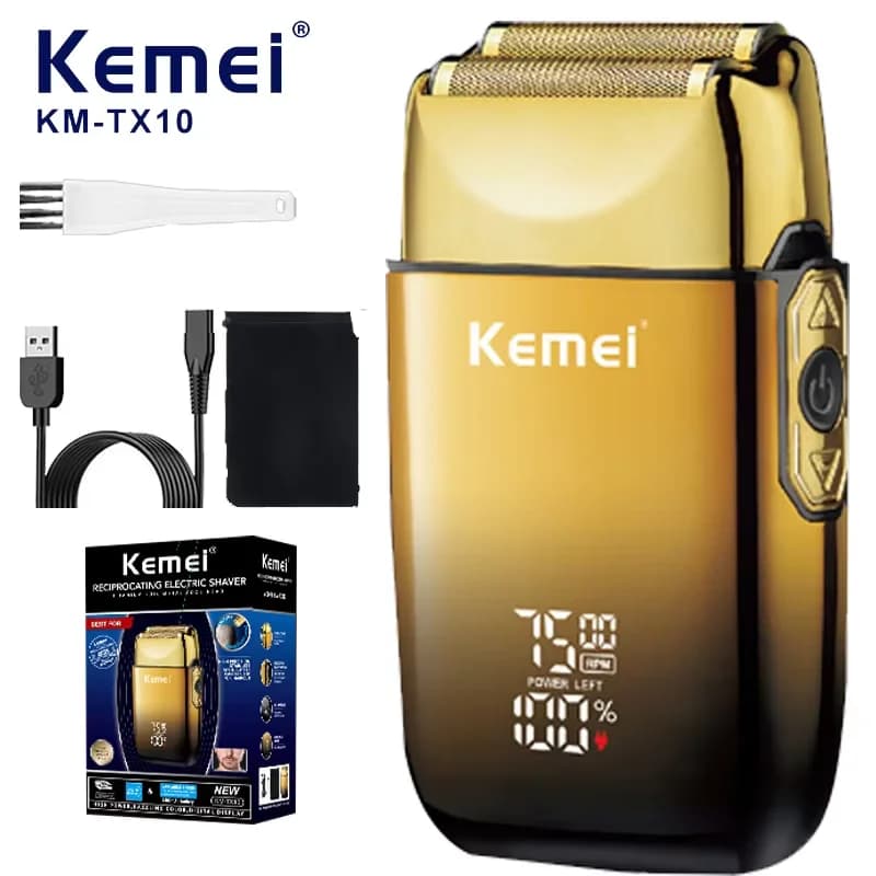 Rasoio elettrico professionale Kemei TX10 ricaricabile con corpo in metallo per uomo, per barba e capelli, macchina per rasatura a zero e rifinitura.