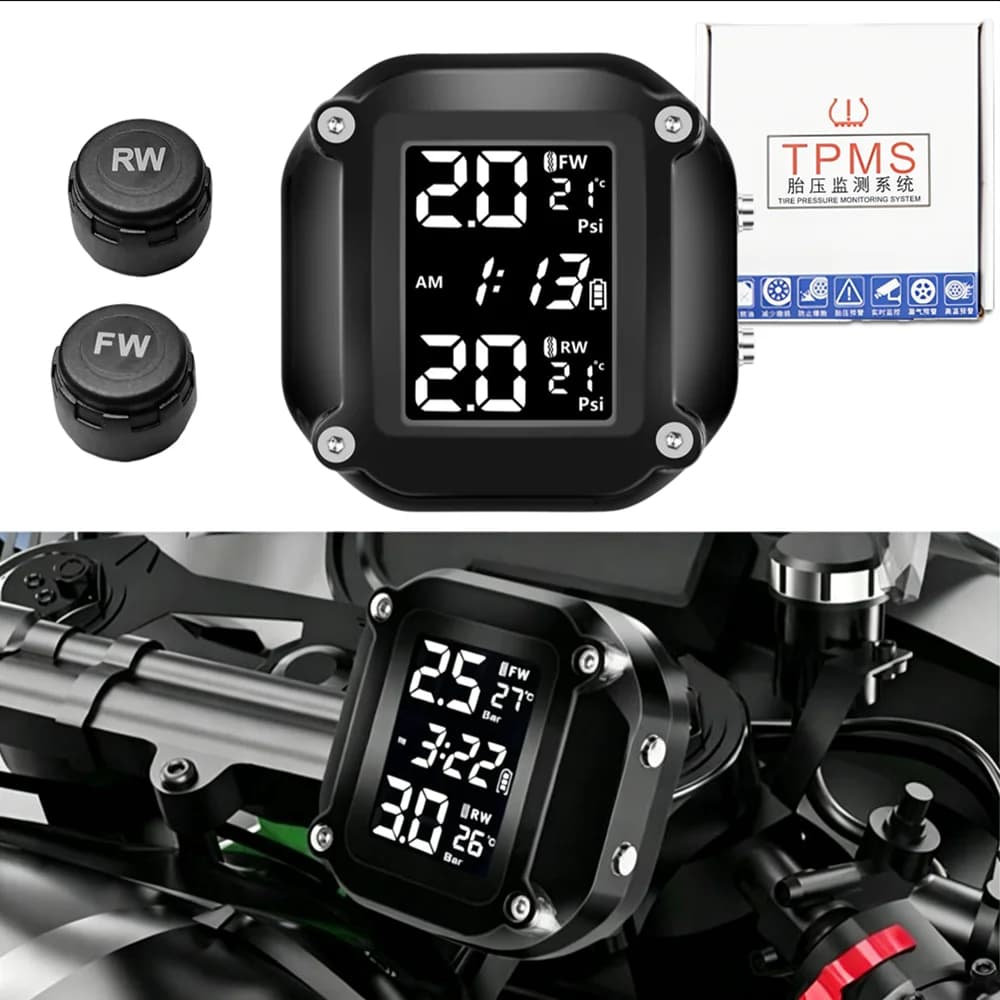 Sistema di Monitoraggio Pressione Pneumatici Moto TPMS con Uscita USB QC 3.0 per Ricarica Rapida e Allarme Temperatura Gomme