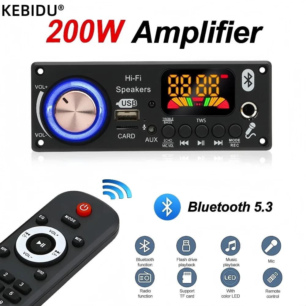 200W Bluetooth Amplifier 5.3 FAI FROM TE MP3 WAV Decode Card DC 12V 50W 100W Wireless USB Car MP3 Player Slot For USB FM TF Card with Microphone