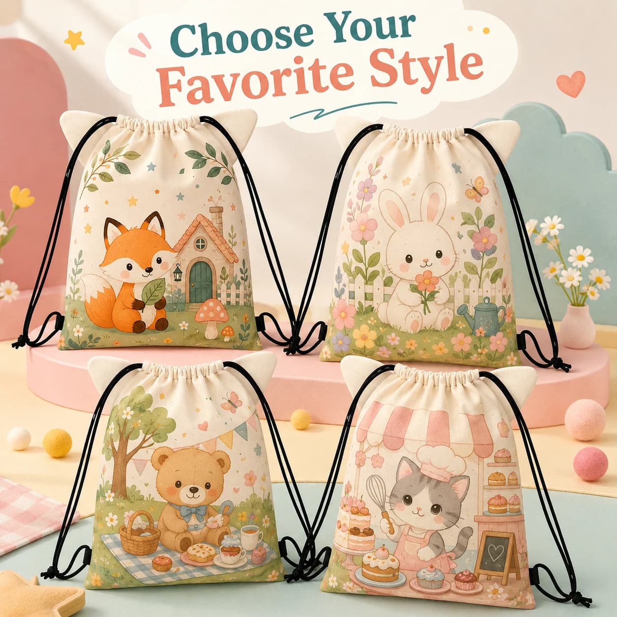 Custom Animal Ear Drawstring Backpack Personalized Name Photo Bag Lightweight Kids Storage Bag Easter Travel Party Gift