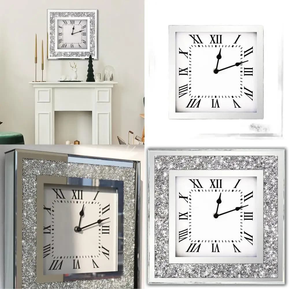 Orologio da Parete Quadrato a Specchio 16x16 Pollici, Decorazione Scintillante, Argento al Quarzo, Richiede Batterie AA