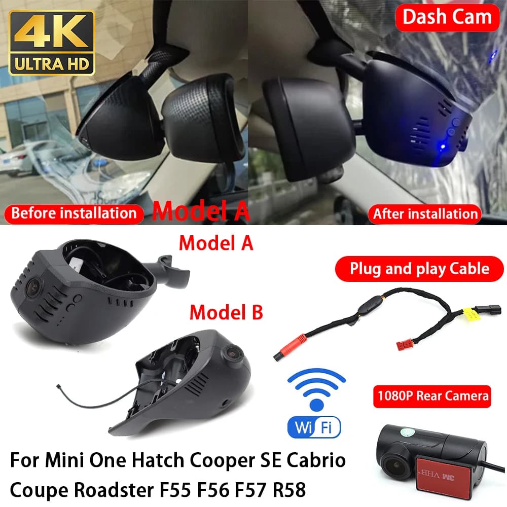 for Mini One Hatch Cooper SE Cabrio Coupe Roadster F55 F56 F57 R58 4K Dash Cam Front Rear Car Camera DVR Wifi Plug & Play