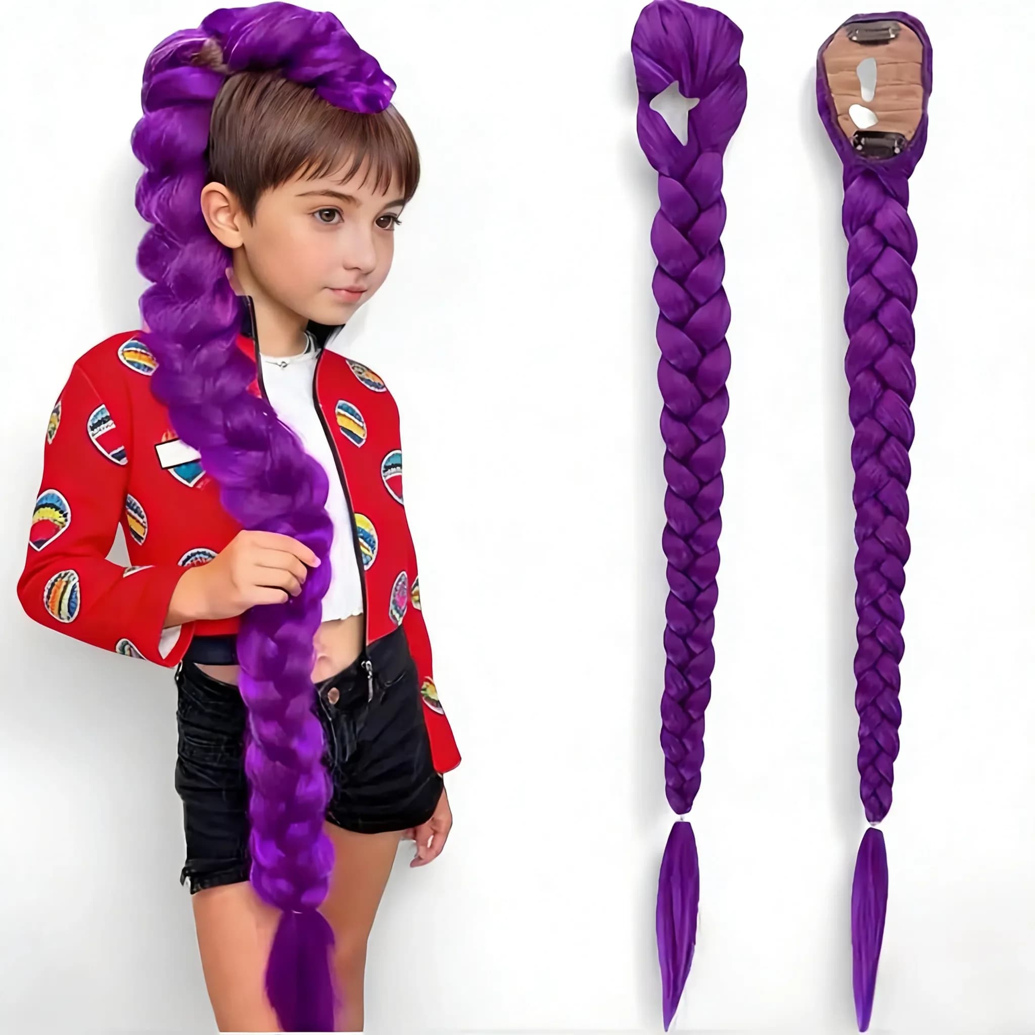 26 Inch Heat Resistant Purple Synthetic Wig, Braided Hair Accessory, Hairstyle Decoration with Clip, for Girls and Women, Cosplay Accessory