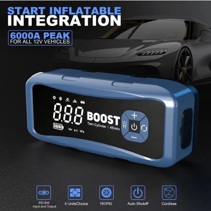 Avviatore di emergenza per camion per auto 6000A 12V - Compressore d'aria a doppio cilindro 160PSI con doppia ricarica rapida USB PD
