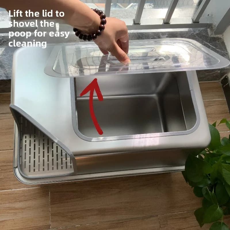 Lettiera Chiusa in Acciaio Inossidabile con Design a Corridoio, Toilette Grande per Gatti di Bassa Altezza, Anti-Schizzo, Controllo Odori, Vasino per Animali Domestici