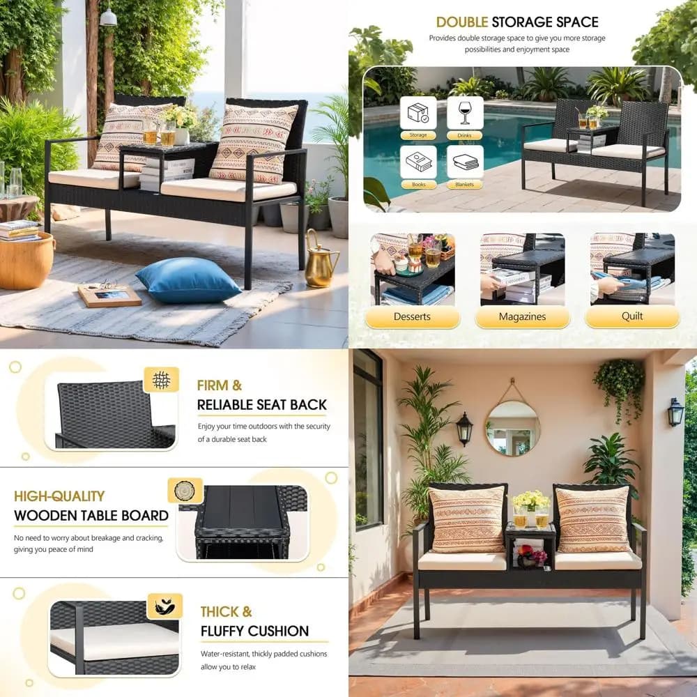 Patio Contion Sets Outdoor Loveseat with Built-in Table & Cushions Wicker Patio urniture Porch Chairs Bench or Lawn, Backyard, B