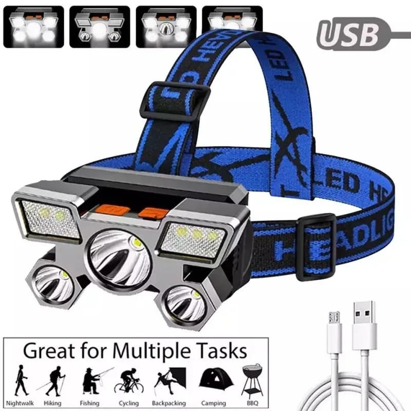 Lampada frontale ricaricabile USB portatile con 5 LED, batteria integrata, torcia portatile, luce da lavoro, per pesca, campeggio.