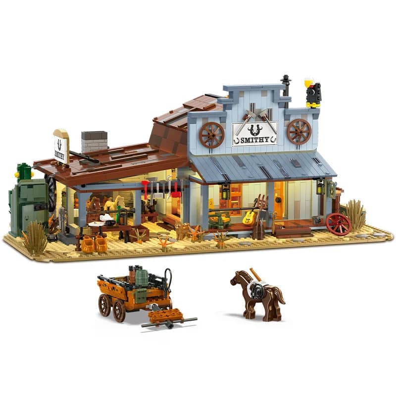 MOC Retro Western Desert Wild Tavern Hotel Village Town Building Blocks Set Blacksmith Shop Grocery Store Toys For Birthday Gift