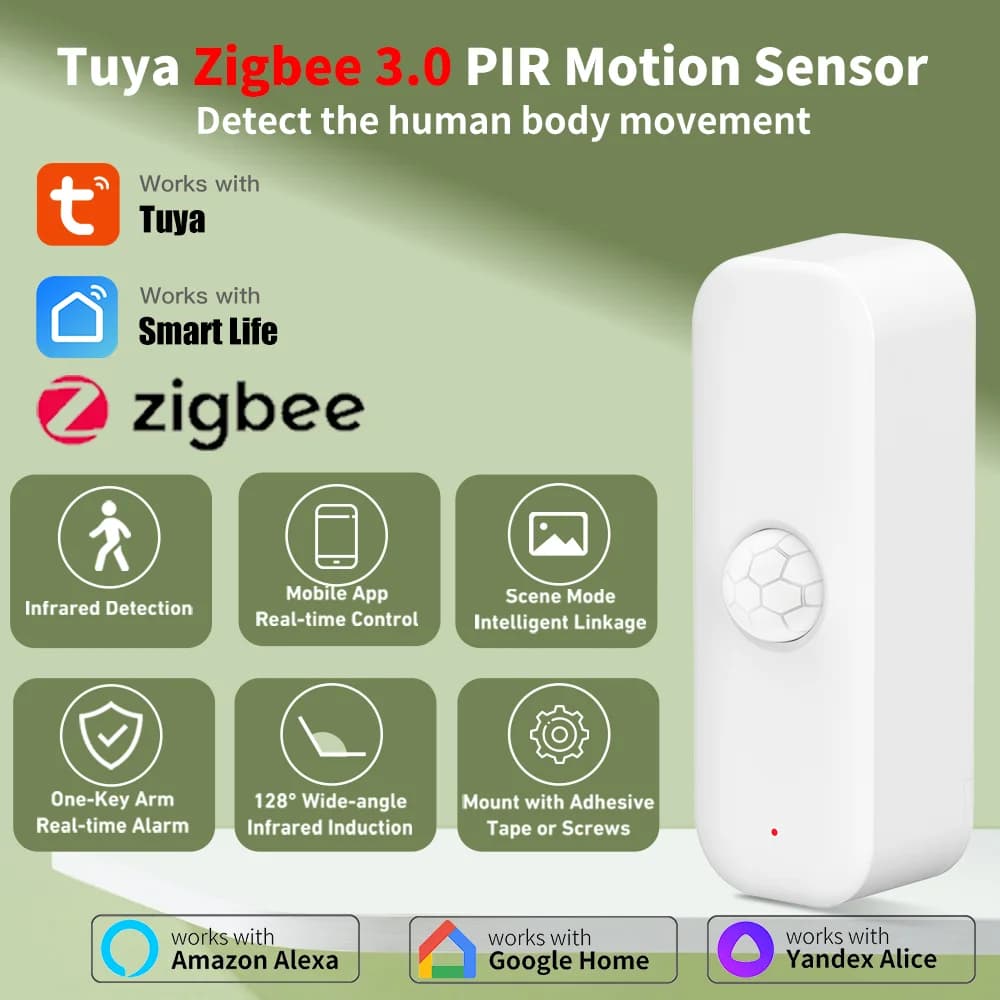 Sensore di Movimento Intelligente Tuya Zigbee 3.0 per Casa Intelligente, Controllo Remoto tramite App, Compatibile con Yandex ZHA, Zigbee2MQTT, SmartLife, Alexa