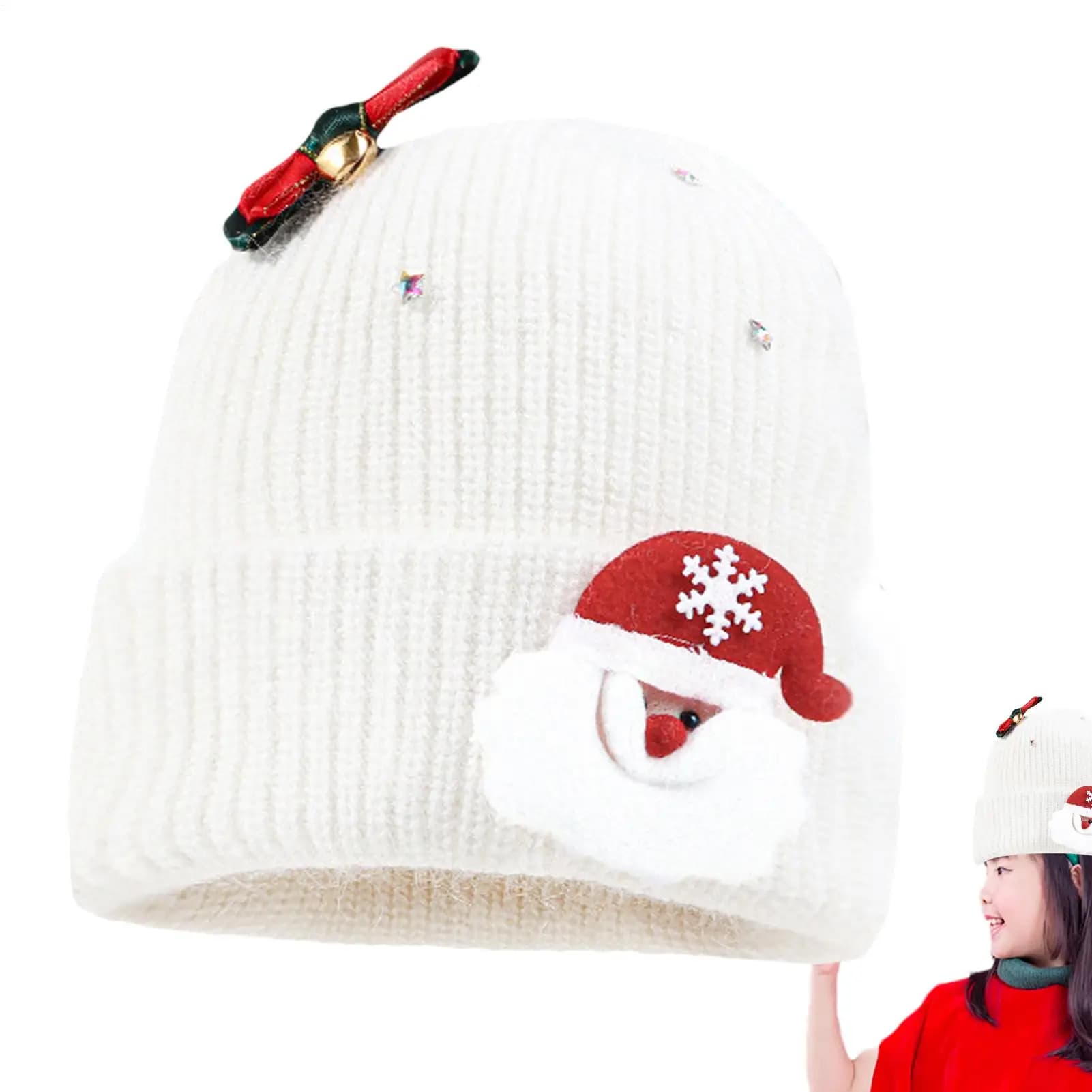 Cappelli invernali da donna Berretto da neve lavorato a maglia Cappello caldo con Babbo Natale e campana con fiocco per le vacanze di Natale Escursionismo sulla neve invernale