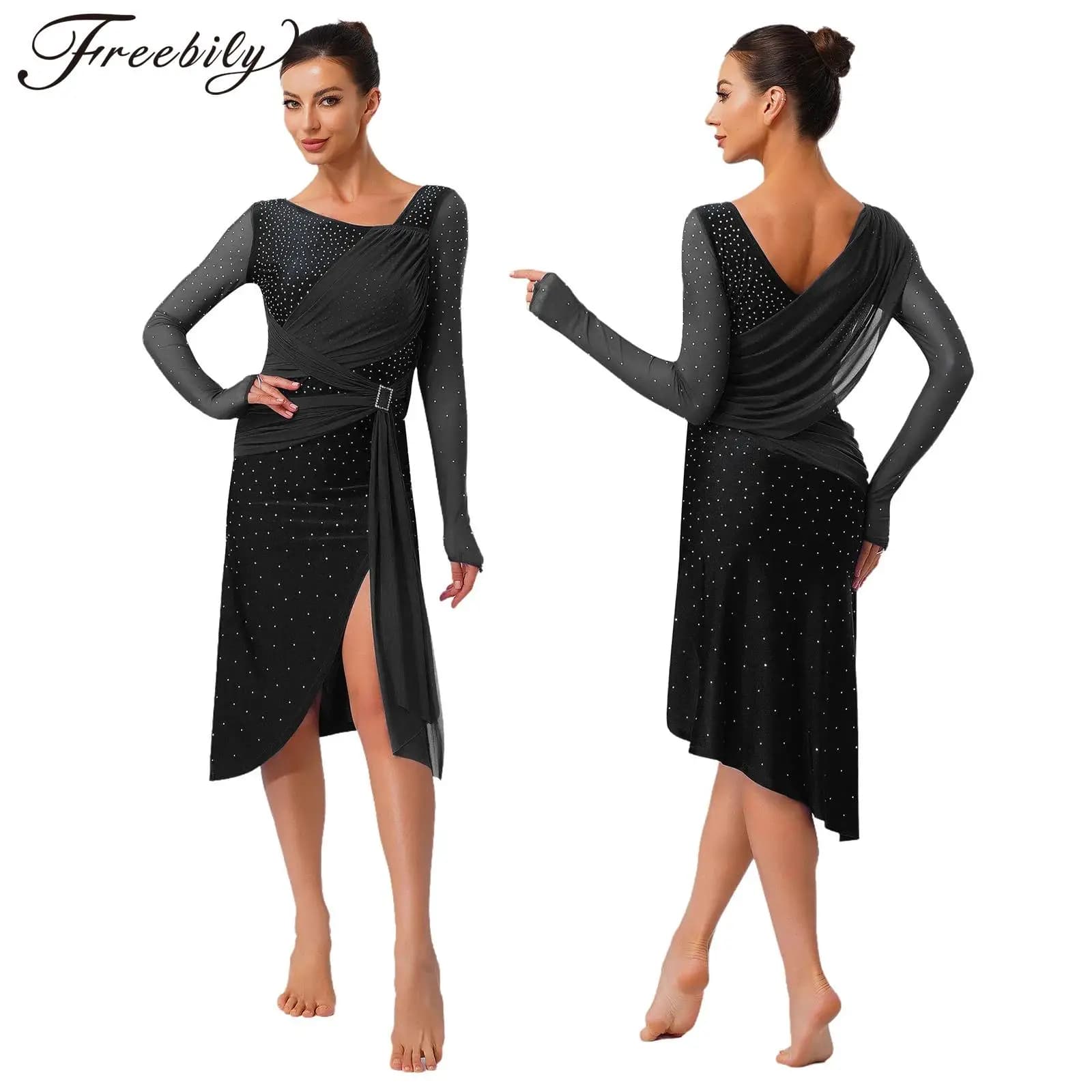 Abito da ballo lirico da donna Maglia trasparente a maniche lunghe con strass lucidi Abiti spaccati con cintura Costume da pattinaggio di figura di danza moderna