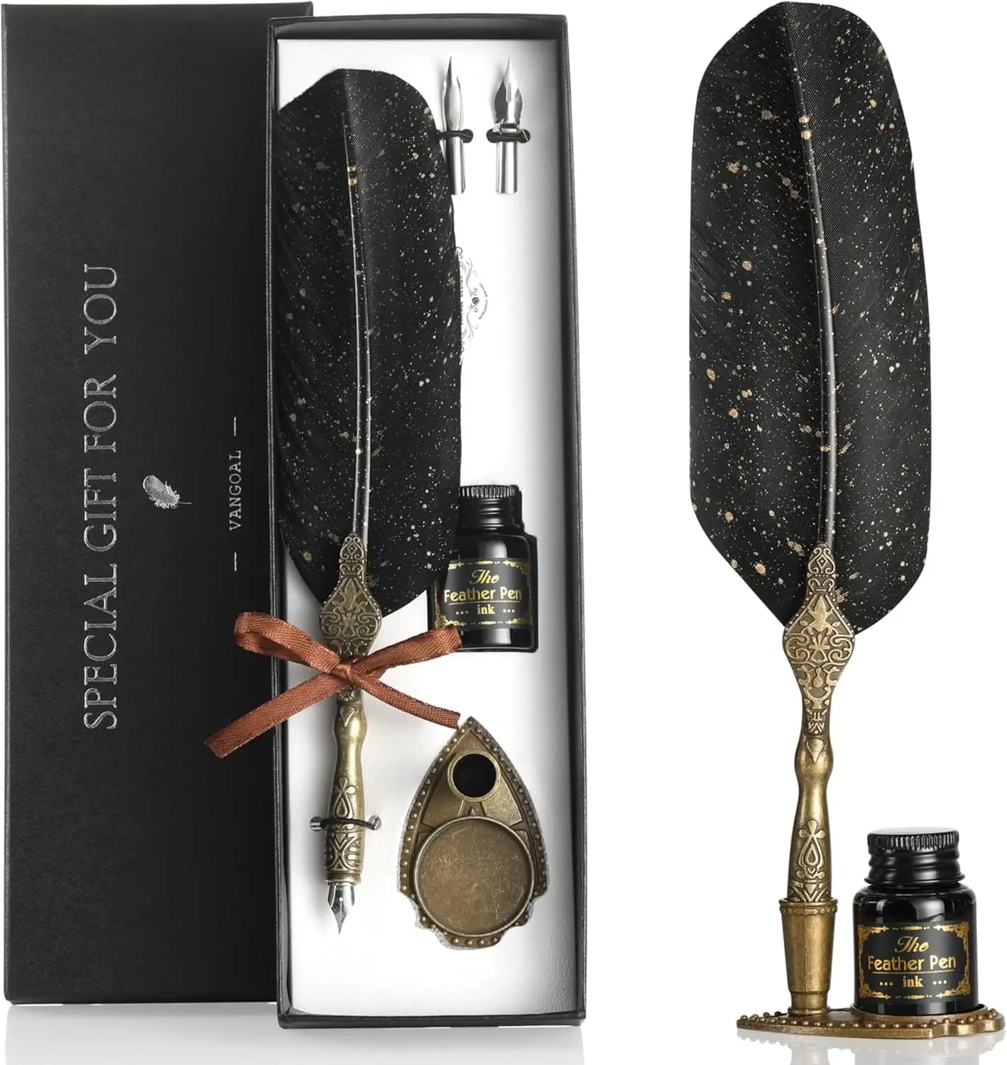 Vintage Black Feather Pen and Ink Set, Classic Series Goose Quill With Carving Stand, Calligraphy Nibs, Black Dip Ink, Antique W